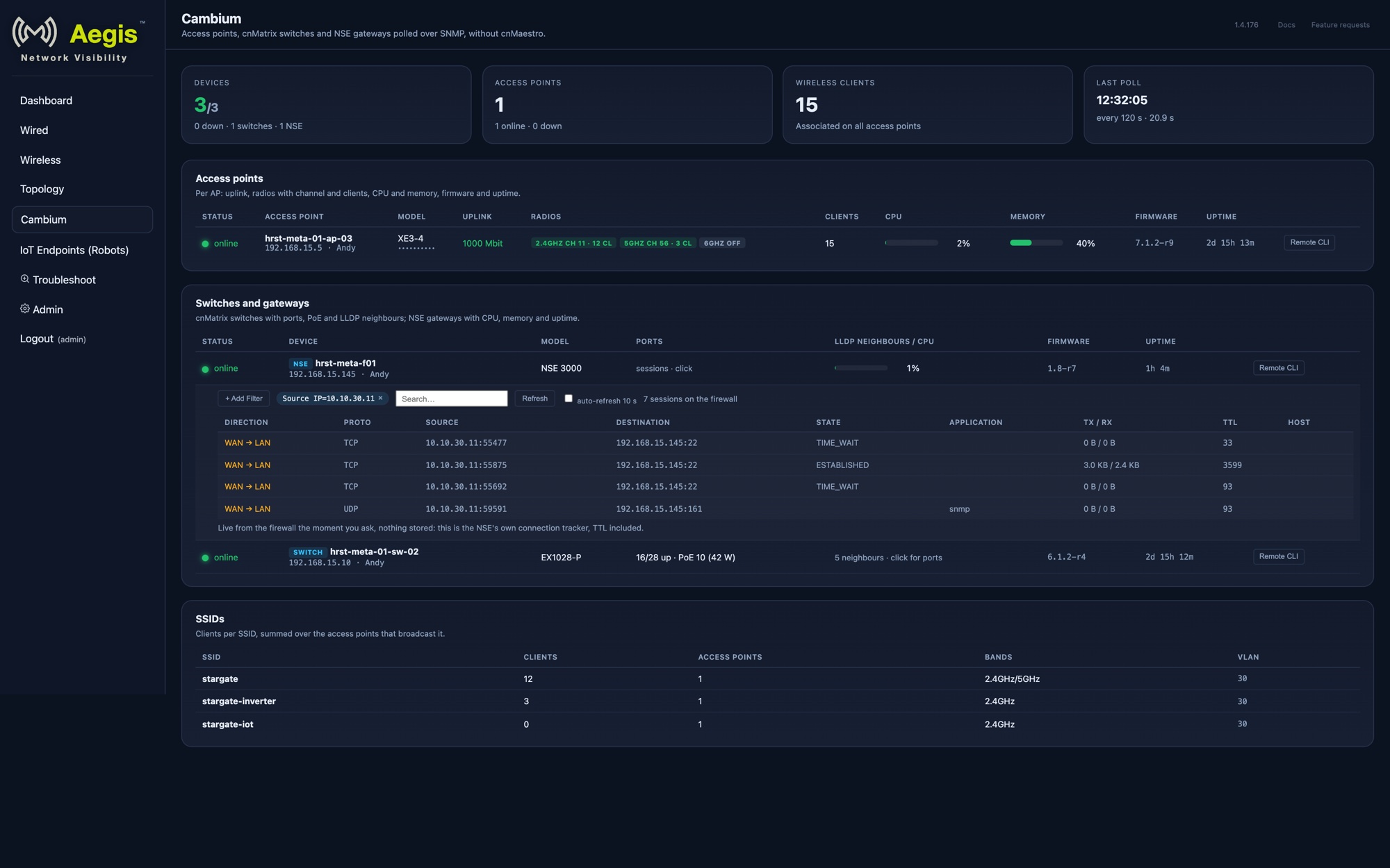 An NSE 3000 opened on the Cambium page: the live connection table with direction, source, destination, state, application, bytes and TTL per session, and a filter field