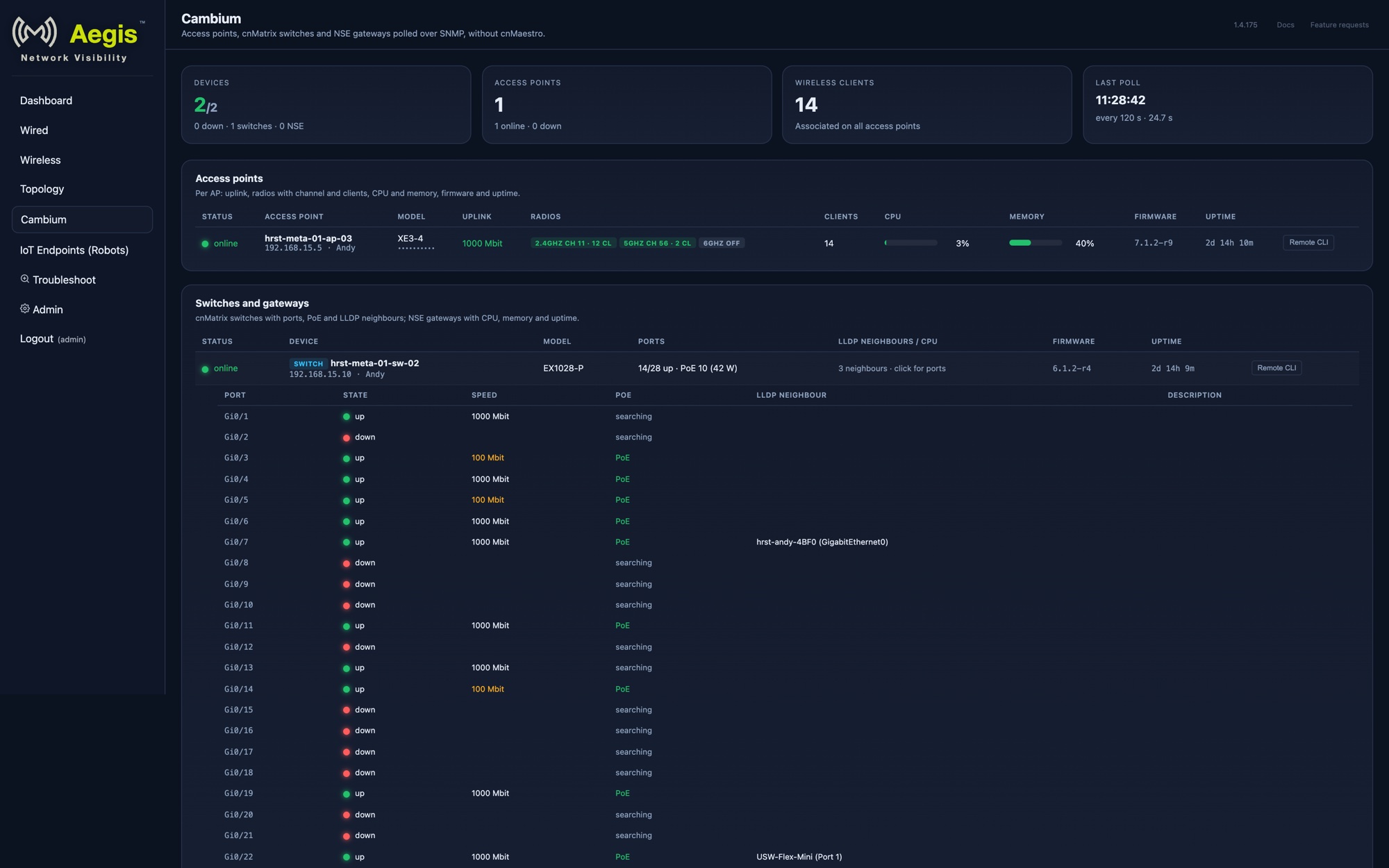 A cnMatrix switch opened on the Cambium page: every port with state, speed, PoE and the LLDP neighbour behind it