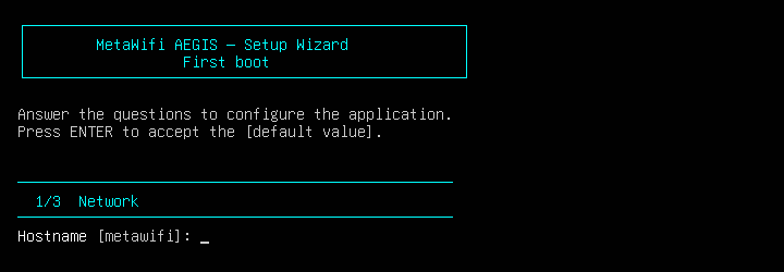 Setup wizard on the console: step 1 of 3, Network, asking for the hostname