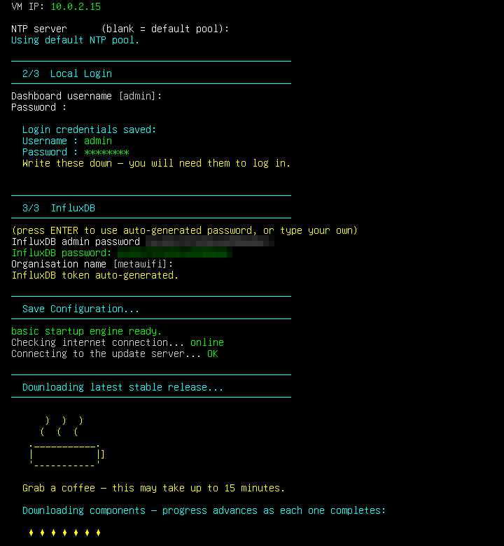 Setup wizard: local login and database steps, followed by the download of the application