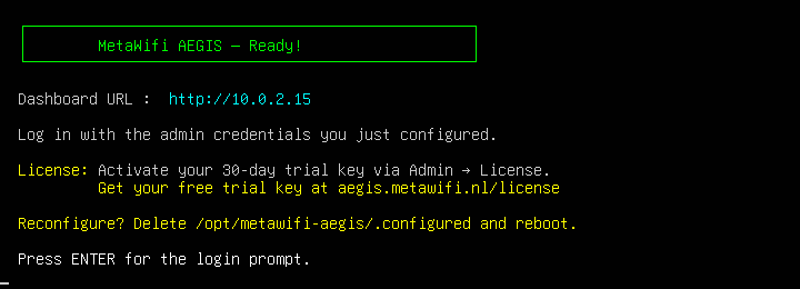 Setup wizard: Ready, showing the dashboard URL